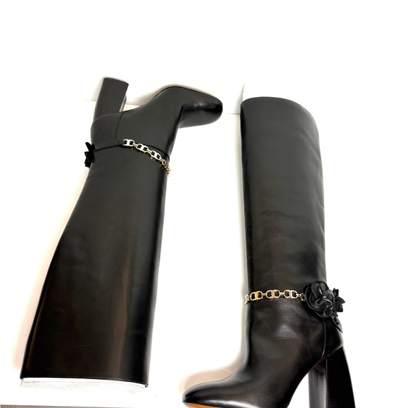 NEW Tory Burch Black Leather Blossom Boots Tall Gold Chain Flower Glam Sz 6 - Picture 8 of 14